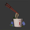 Japanese Ramen Bowl with Chopsticks Noodles and Red Circle Design Surrounded by Blue Flowers