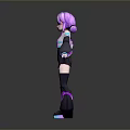 3D Cartoon Character With Purple Pink Hair Black Outfit And Neon Glowing Accents