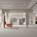 White Clothing Store Interior Featuring Hanging Clothes Mannequin Orange Boxes And Transparent Stand