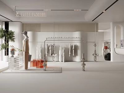 White Clothing Store Interior Featuring Hanging Clothes Mannequin Orange Boxes And Transparent Stand 3d model