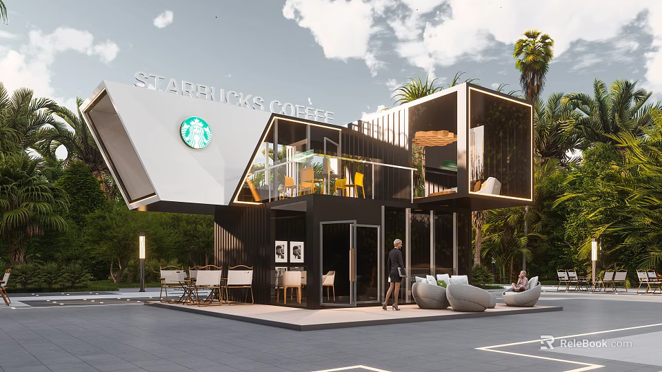 Starbucks Coffee Container Building Modern Design With Glass Facade Outdoor Seating And Lush Greenery 3d model 