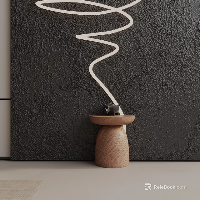Wooden Side Table With Round Top And Cylindrical Base Against Dark Textured Wall 3d model 
