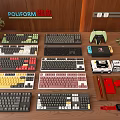 Colorful Computer Keyboards in Various Styles Display on Wooden Desk with Accessories