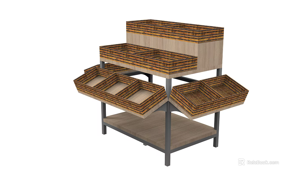 Retail Display Shelves With Multiple Tiers And Woven Baskets Wood Metal Structure 3d model 