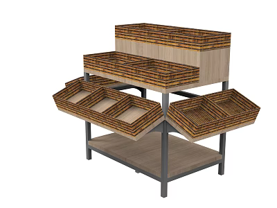 Retail Display Shelves With Multiple Tiers And Woven Baskets Wood Metal Structure 3d model