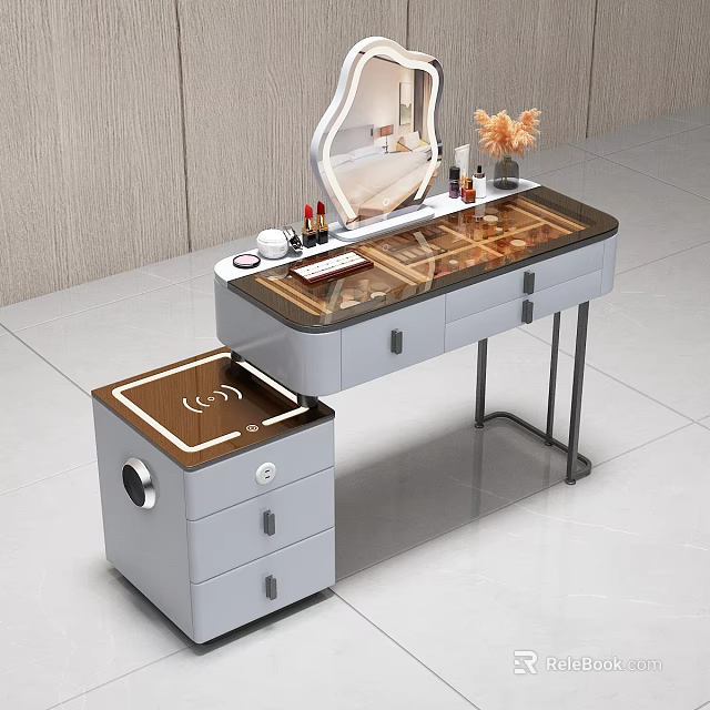 Modern Elegant Dressing Table With Mirror Cosmetics Storage Drawers And Decorative Items 3d model