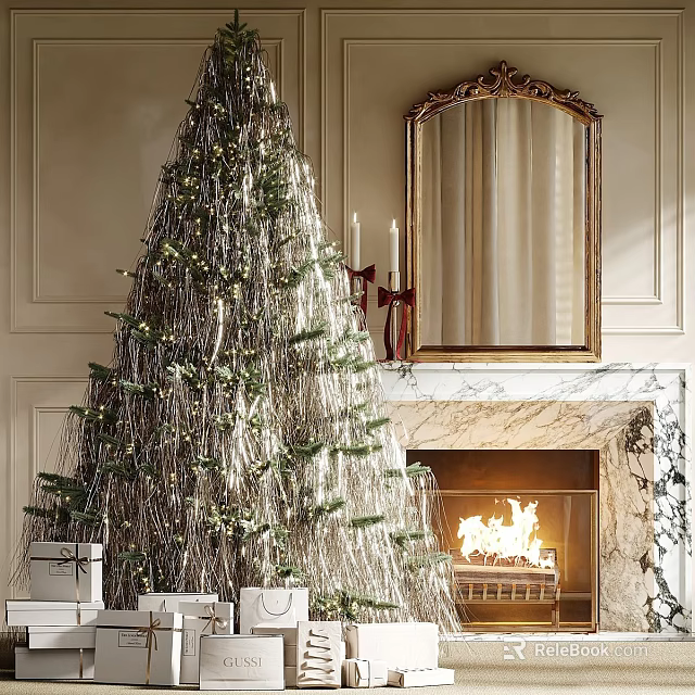 Festive Decorative Ornament Set With Christmas Tree Fireplace Mirror And Gifts 3d model 