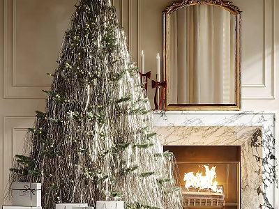 Festive Decorative Ornament Set With Christmas Tree Fireplace Mirror And Gifts 3d model