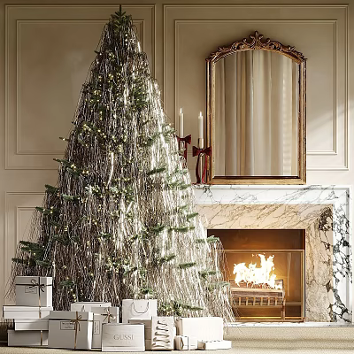 Festive Decorative Ornament Set With Christmas Tree Fireplace Mirror And Gifts 3d model