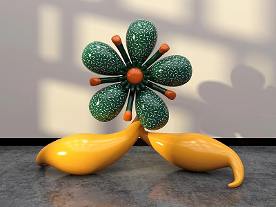 Flower Shaped Public Chair With Green Spotted Petals Orange Center And Yellow Seats 3d model