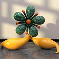 Flower Shaped Public Chair With Green Spotted Petals Orange Center And Yellow Seats