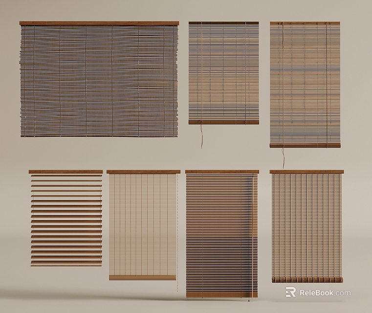 Various Styles of Wooden and Bamboo Window Blinds in Brown Tones and Textures 3d model 