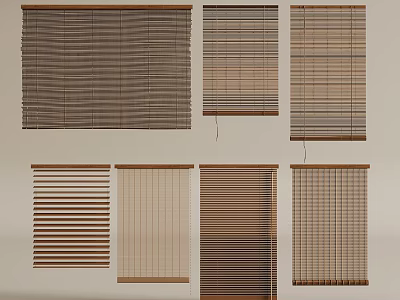 Various Styles of Wooden and Bamboo Window Blinds in Brown Tones and Textures 3d model
