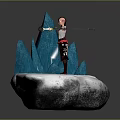 Character In Red Black Outfit With Yellow Lantern On Snowy Ground Near Blue Ice Spikes