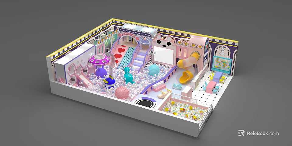 Indoor Kids Playground With Colorful Ball Pit Slide And Mushroom Decorations 3d model 