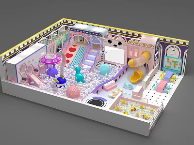 Indoor Kids Playground With Colorful Ball Pit Slide And Mushroom Decorations 3d model