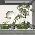 Indoor Landscape with Green Plants Trees Stones Round Decorations White Walls and Skylight