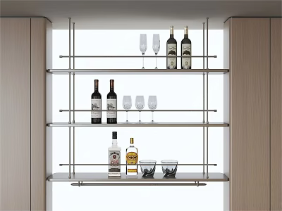 Modern Wine Rack Interior With Multiple Shelves Holding Wine Bottles And Glasses 3d model