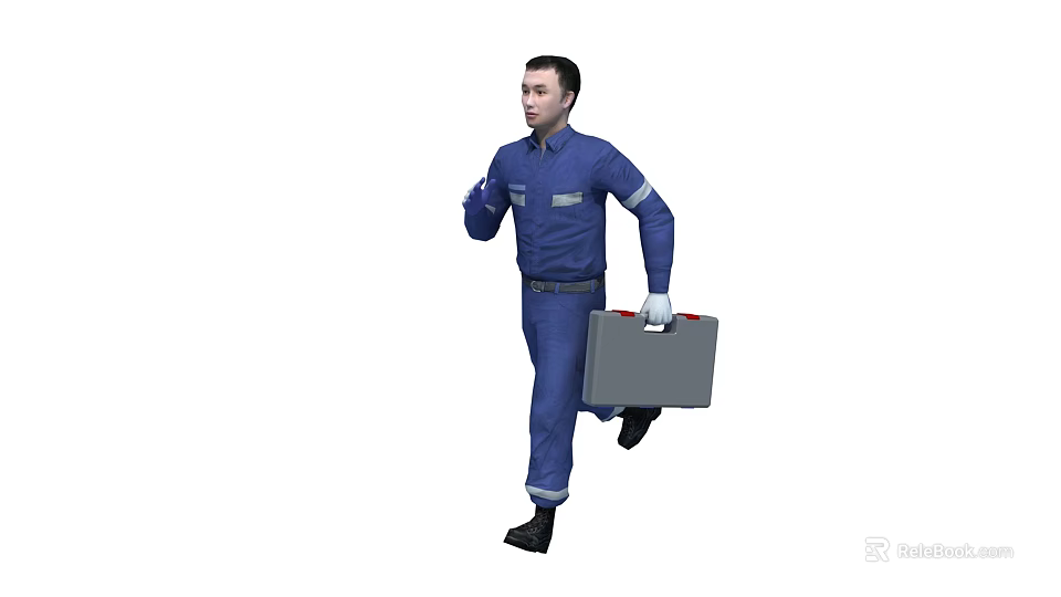 Man in blue work uniform running with gray toolbox in hand 3d model 