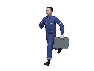 Man in blue work uniform running with gray toolbox in hand 3d model