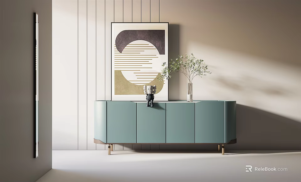 Modern Elegant Console Cabinet In Mint Green With Gold Legs And Abstract Wall Art 3d model 