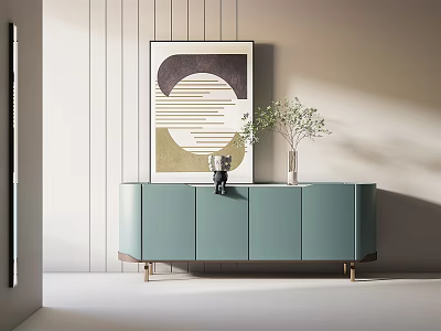Modern Elegant Console Cabinet In Mint Green With Gold Legs And Abstract Wall Art 3d model