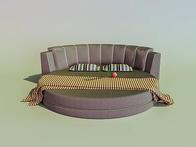 Round Bed With Striped Headboard And Draped Striped Bedspread Featuring Books And Small Decor 3d model