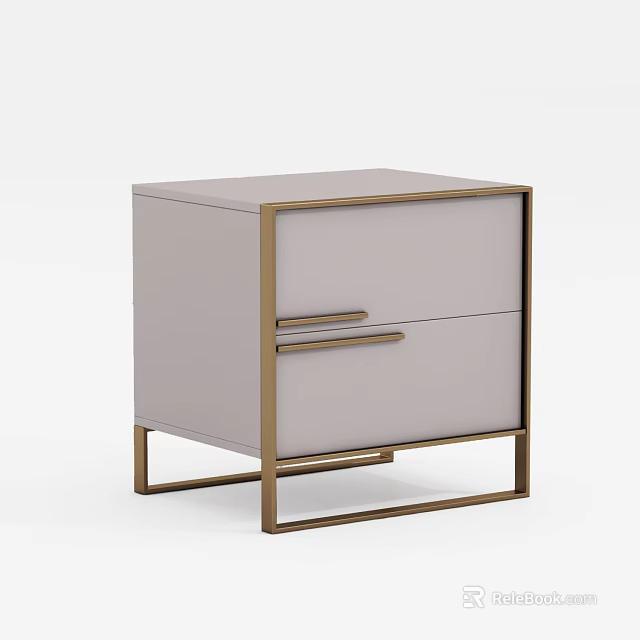 Modern Light Gray Nightstand With Two Drawers And Gold Metal Frame Contemporary Design 3d model 