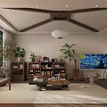 Modern Japanese Dining Living Room Interior With Wooden Ceiling Pendant Light And Bookshelf