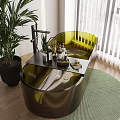 Green Transparent Bathtub with Black Tray Bath Products Potted Plant Green Mat and White Blinds