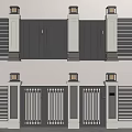 Modern Exterior Feature Wall With Gray Black Slatted Panels Pillars And Lamp Posts 3d model