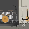 Musical Instruments Display With Golden Drum Set Electric Guitars And Microphone Stand In Modern Room
