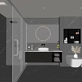 Modern Bathroom Interior With Black Marble Walls Flooring Round Illuminated Mirror Shower Vanity White Toilet