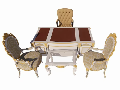 Luxury Ornate Writing Desk With Brown Top Gold Accents And Carved Armchairs 3d model