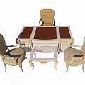 Luxury Ornate Writing Desk With Brown Top Gold Accents And Carved Armchairs