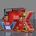 Red Exhibition Booth with Energy Run Theme Arrow Decorations and Checkerboard Pattern 3d model