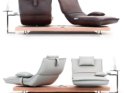Modern Leather Lounge Chair Design in Brown and Gray with Wooden Base and Side Table 3d model