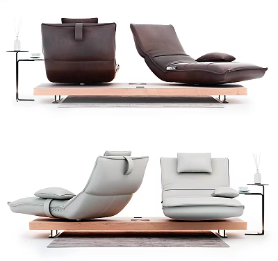 Modern Leather Lounge Chair Design in Brown and Gray with Wooden Base and Side Table 3d model