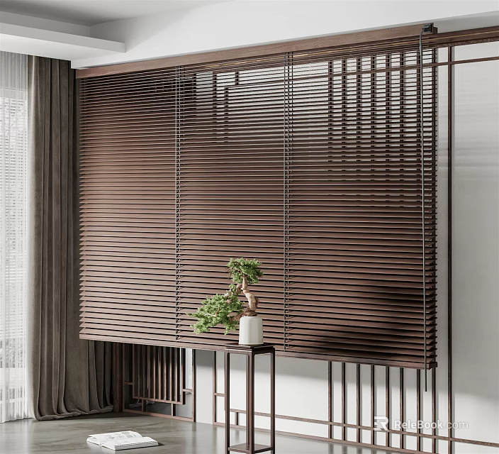 Brown Wooden Blinds In Modern Interior With Potted Plant And Decorative Stand 3d model 