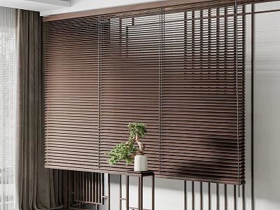 Brown Wooden Blinds In Modern Interior With Potted Plant And Decorative Stand 3d model