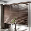 Brown Wooden Blinds In Modern Interior With Potted Plant And Decorative Stand