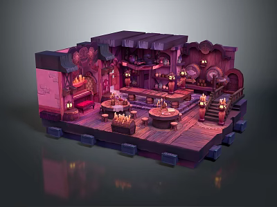 Cartoon Style Wooden Tavern Interior With Tables Chairs Fireplace Decorative Windows And Warm Lighting 3d model