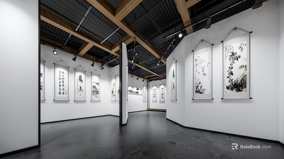 Modern Exhibition Hall Showcasing Calligraphy And Painting Works With Spotlights And Wooden Ceiling 3d model 