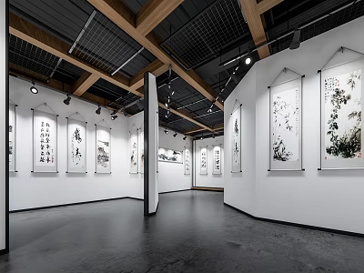 Modern Exhibition Hall Showcasing Calligraphy And Painting Works With Spotlights And Wooden Ceiling 3d model