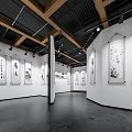 Modern Exhibition Hall Showcasing Calligraphy And Painting Works With Spotlights And Wooden Ceiling