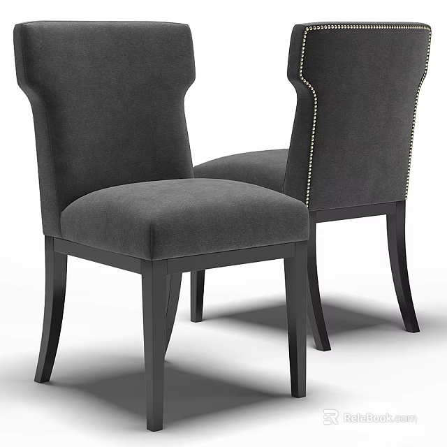 Modern Upholstered Gray Fabric Leisure Chair With Brass Nailhead Trim And Black Wooden Legs 3d model 