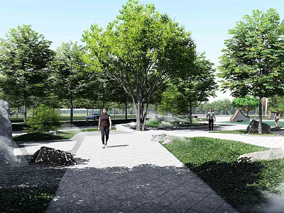 Garden Landscape Design With Lush Trees Paved Pathway Green Lawns And People Walking 3d model