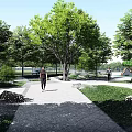 Garden Landscape Design With Lush Trees Paved Pathway Green Lawns And People Walking