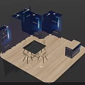 Blue Exhibition Booth With Display Panels Round Table White Chairs And Reception Desk