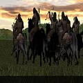 Game Movie Characters Mounted On Horses Marching Across Green Grassland With Mountains And Sunset Sky
